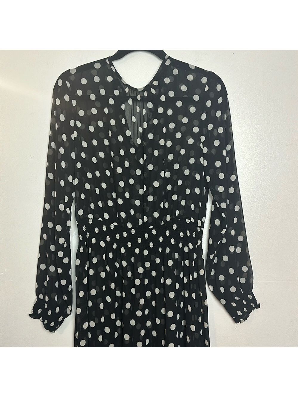 Olivaceous Polka Dot Smocked Waist Sheer Dress with Black Under Slip - Picture 6 of 14